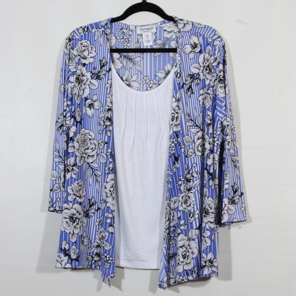 Serengeti Blue Floral Long Sleeve Cardigan Top w/ Attached White Tank Size XL